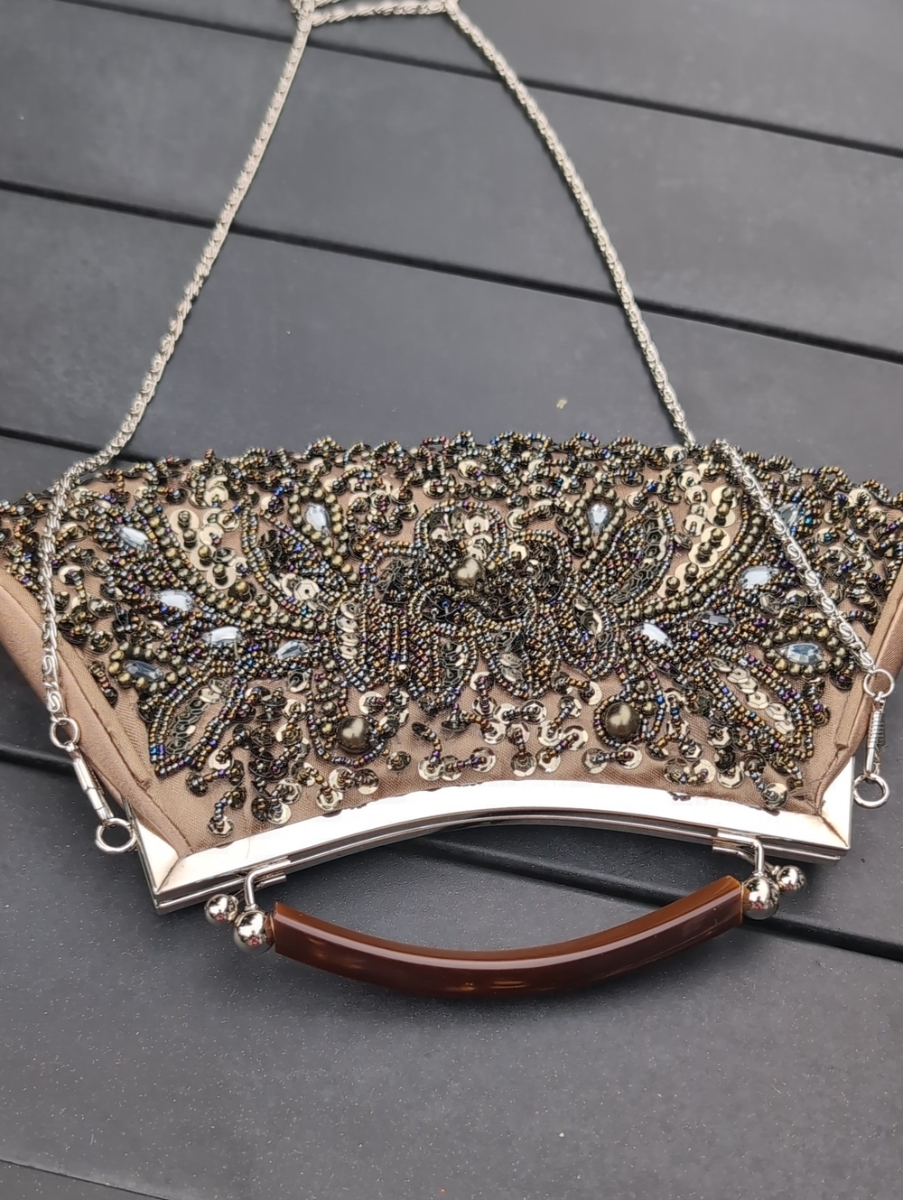 Embellished Taupe Evening Clutch with Detachable Chain - Picture 6 of 14